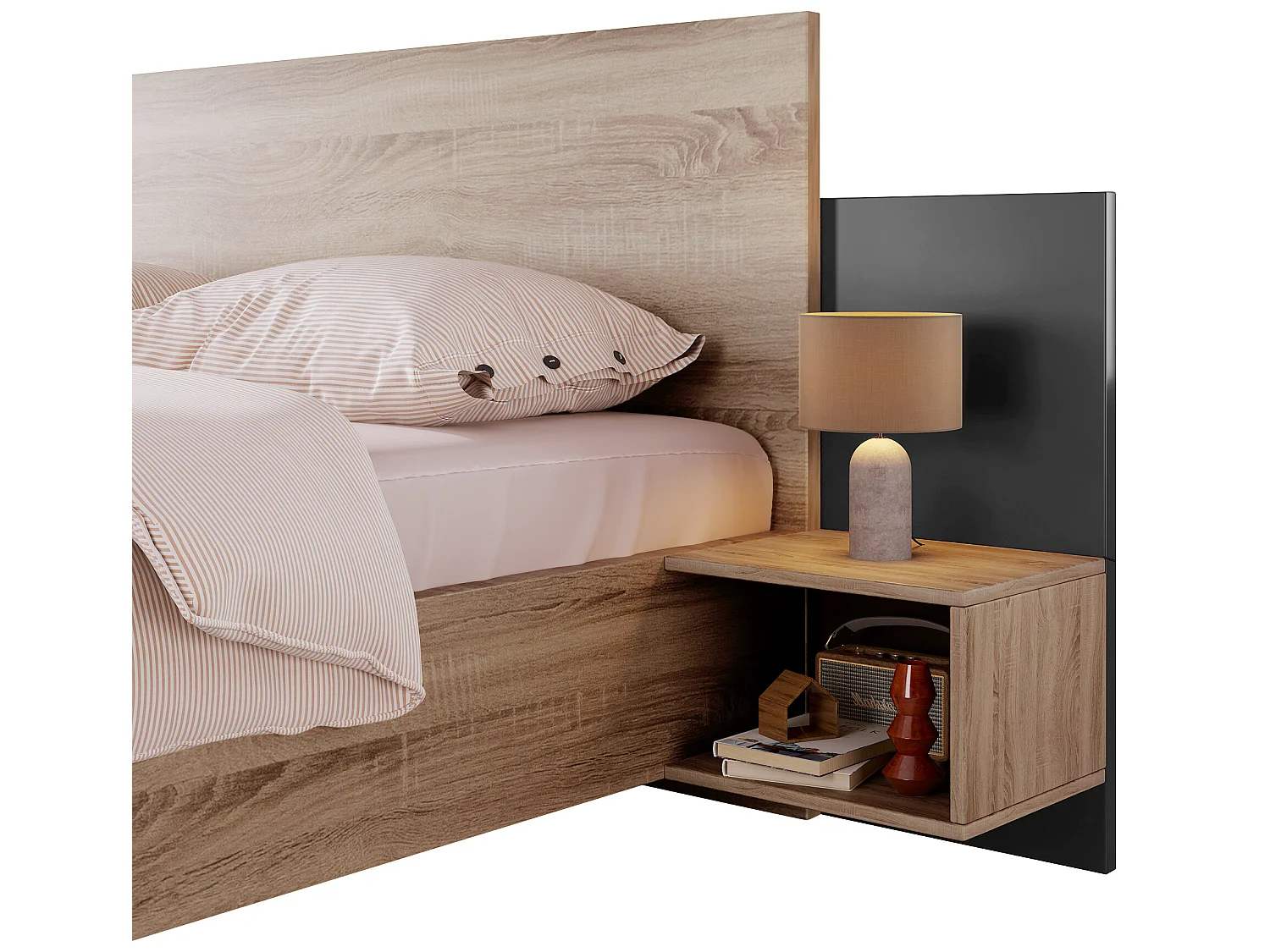 Houten tweepersoonsbed met bedblad 160 x 200 cm en 2 nachtkastjes, in sonoma eiken/donkergrijs