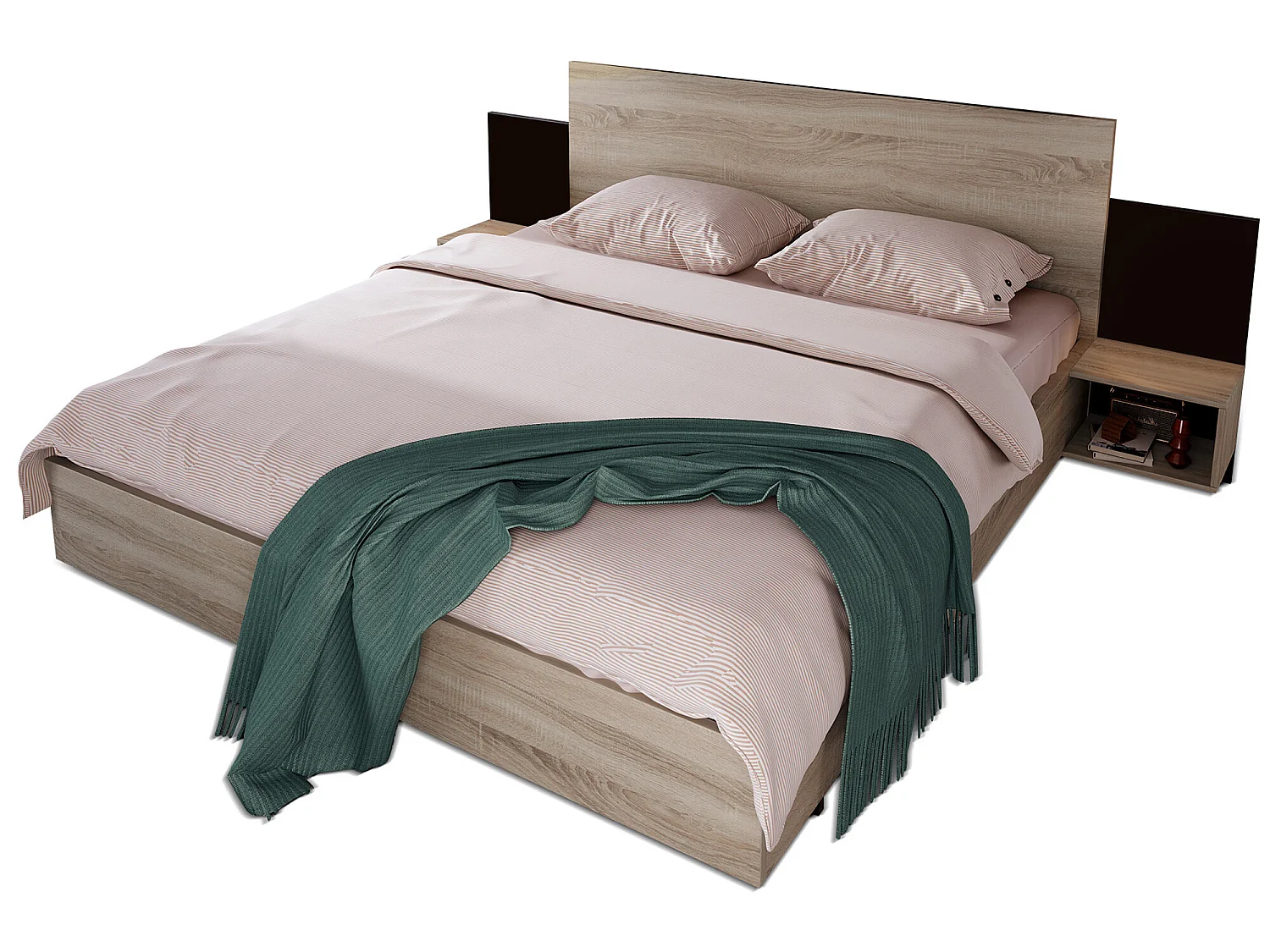 Houten tweepersoonsbed met bedblad 160 x 200 cm en 2 nachtkastjes, in sonoma eiken/donkergrijs