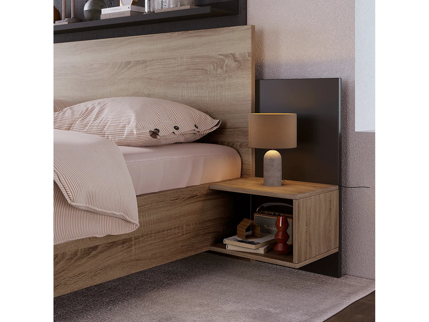 Houten tweepersoonsbed met bedblad 160 x 200 cm en 2 nachtkastjes, in sonoma eiken/donkergrijs