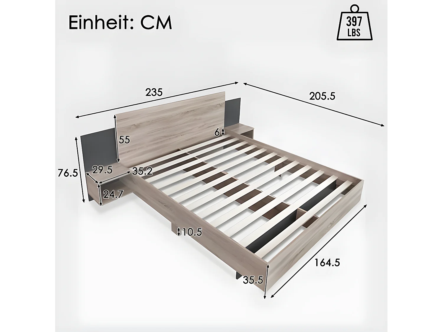 Houten tweepersoonsbed met bedblad 160 x 200 cm en 2 nachtkastjes, in sonoma eiken/donkergrijs