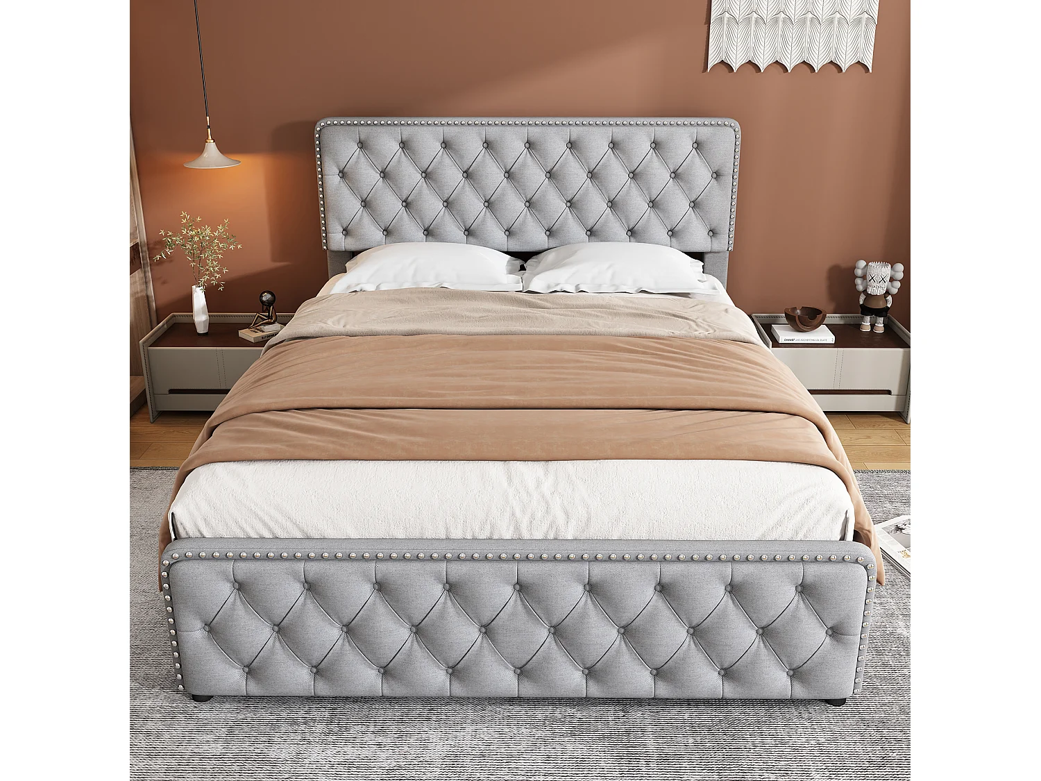 Tweepersoonsbed 160*200cm met vier laden, grijs