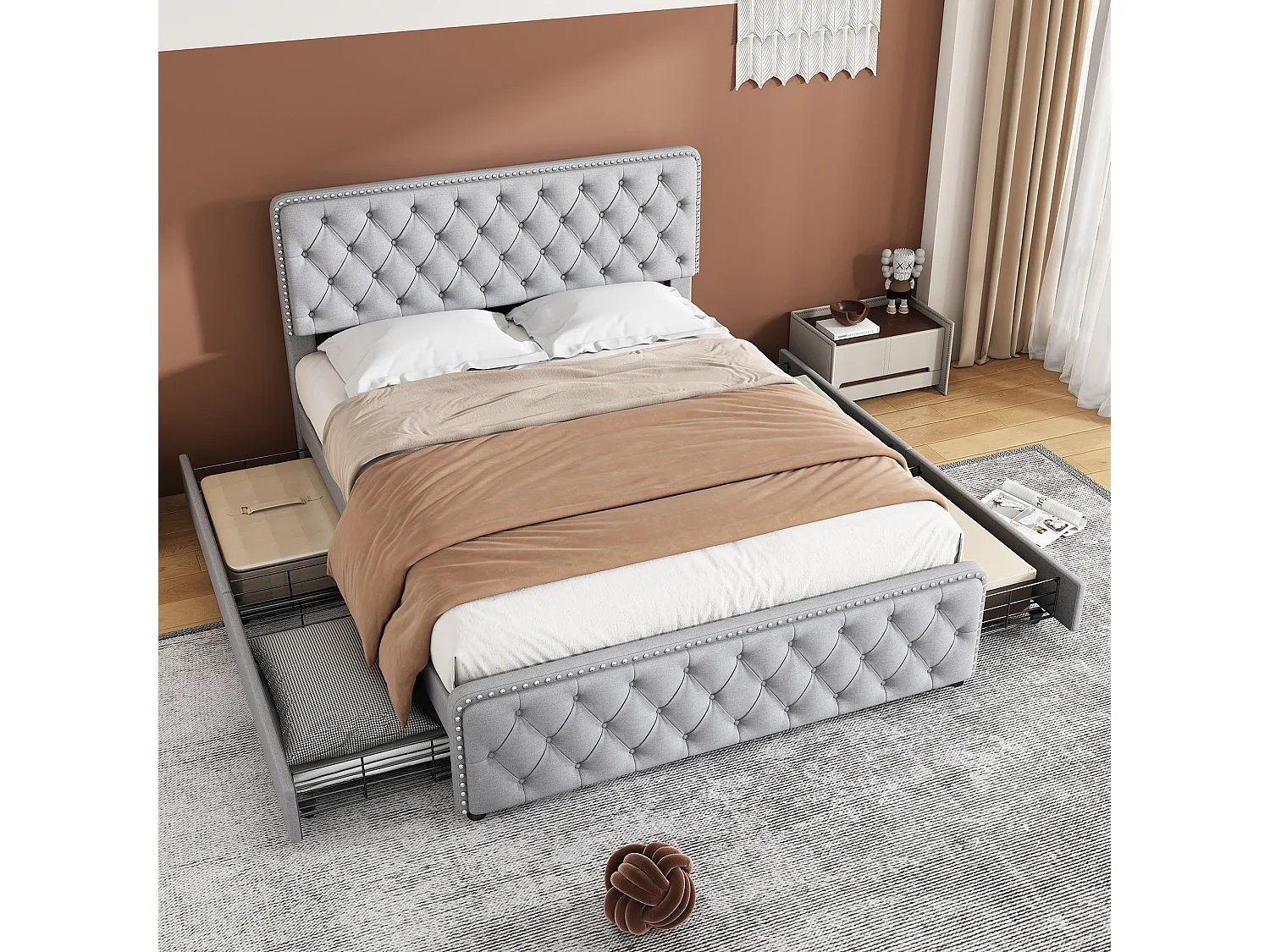 Tweepersoonsbed 160*200cm met vier laden, grijs