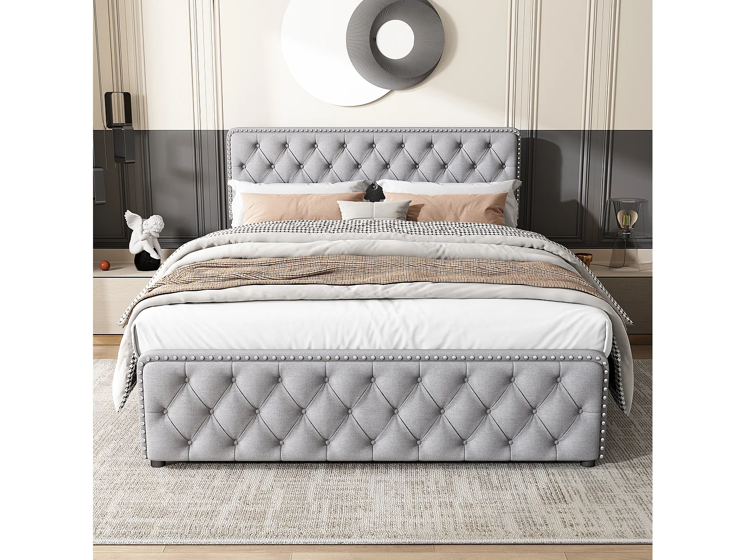 Tweepersoonsbed 160*200cm met vier laden, grijs