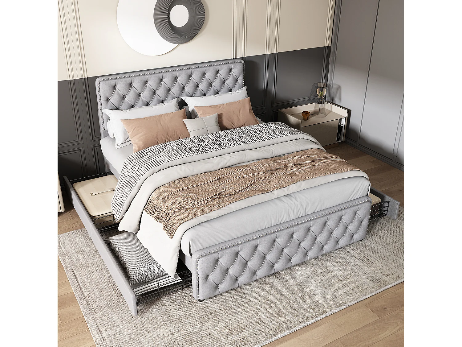 Tweepersoonsbed 160*200cm met vier laden, grijs