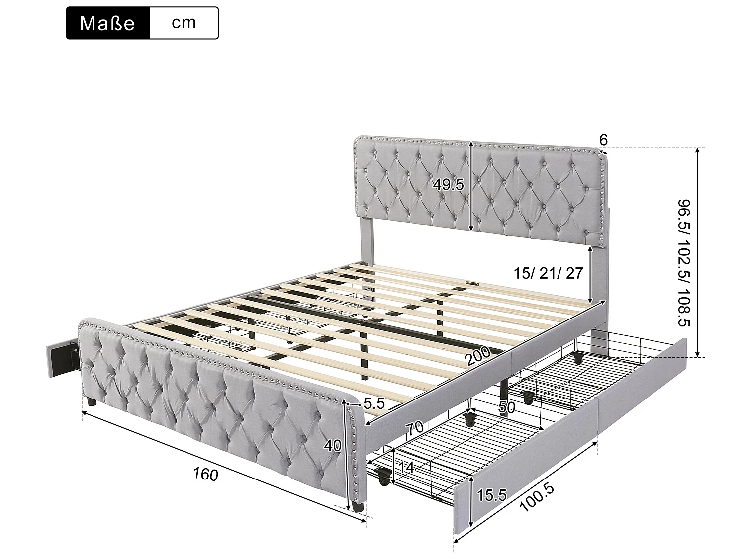 Tweepersoonsbed 160*200cm met vier laden, grijs