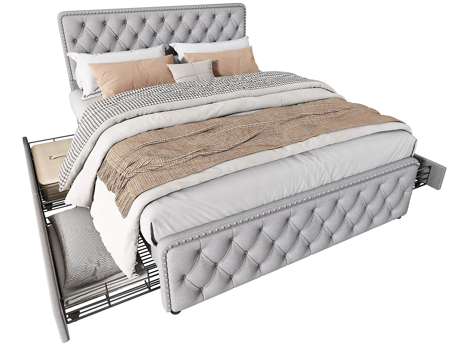 Tweepersoonsbed 160*200cm met vier laden, grijs