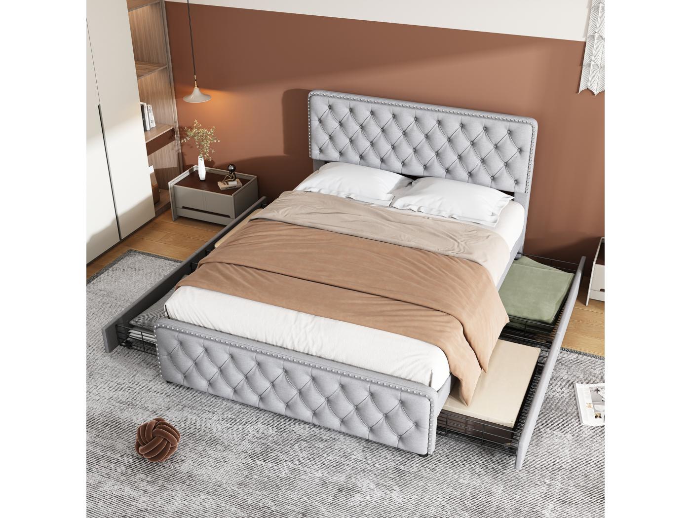 Cama doble capitoné color marfil con almacenaje, superficie de