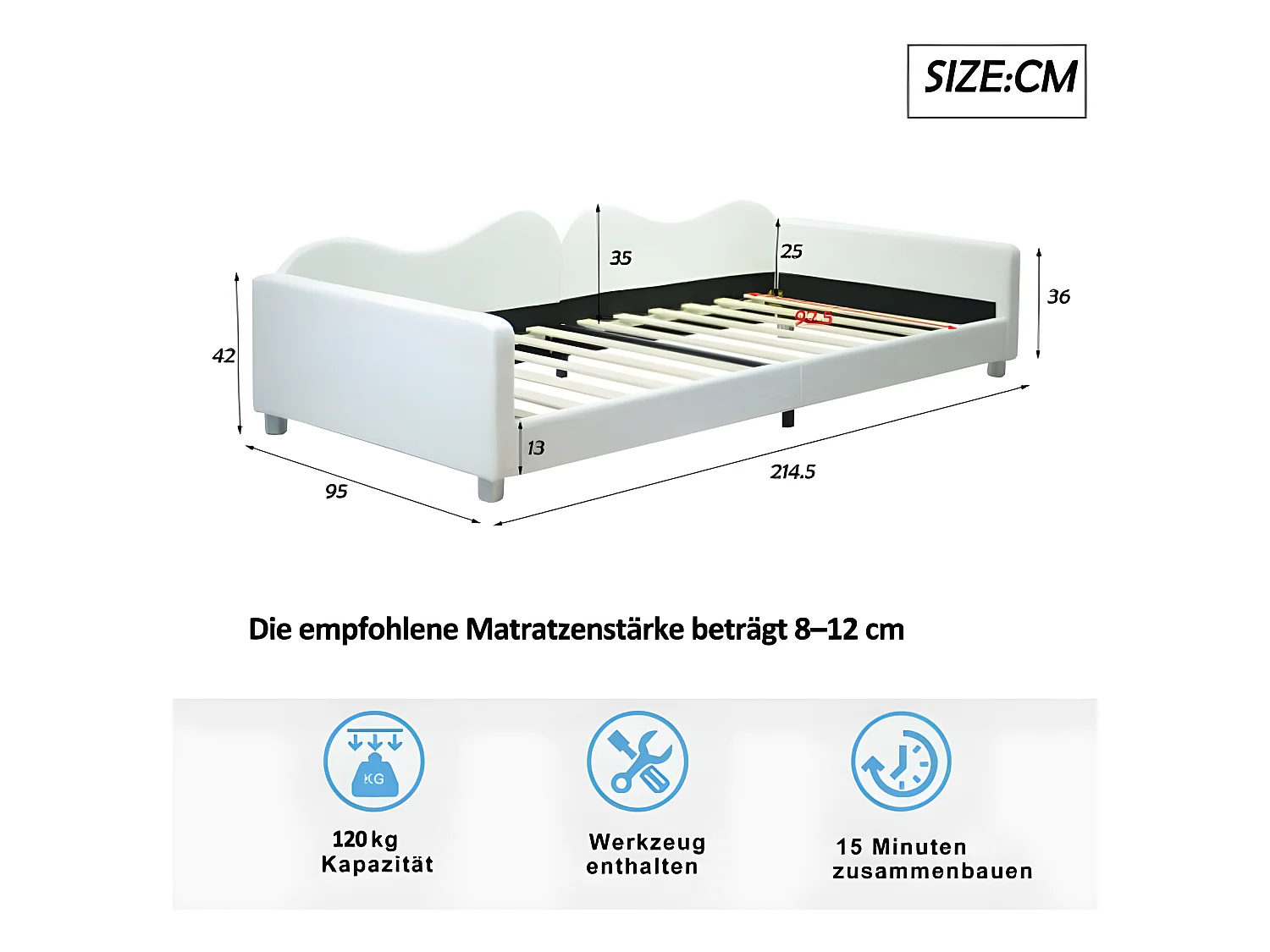 Lit rembourré pour enfants 90*200cm, canapé-lit en tissu en peluche, lit souple multifonction avec dossier et accoudoirs,blanc.