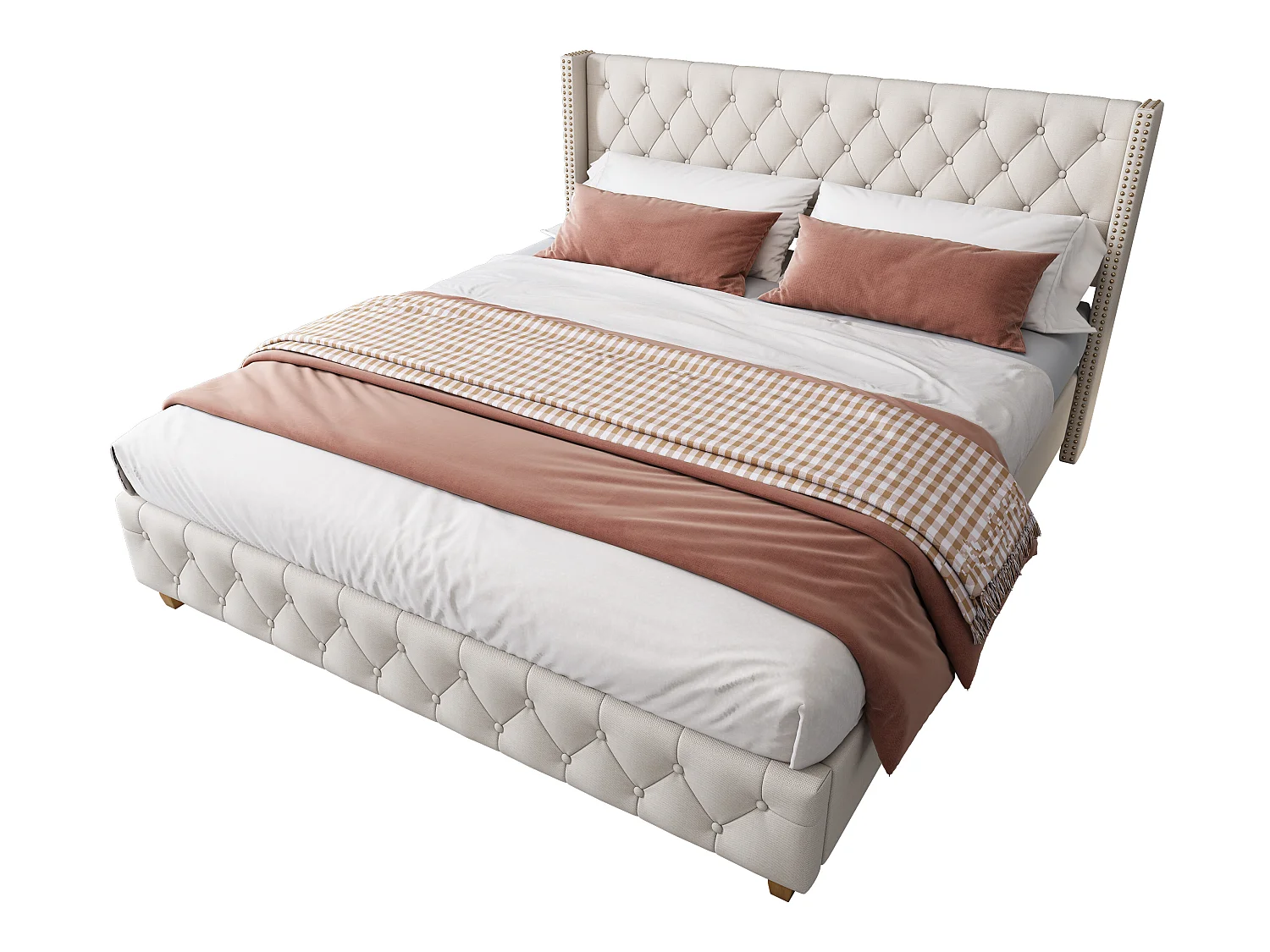 Lit capitonné 140*190cm avec sommier à lattes et tête de lit, revêtement boutons, revêtement rivets, pieds en bois, lin, beige