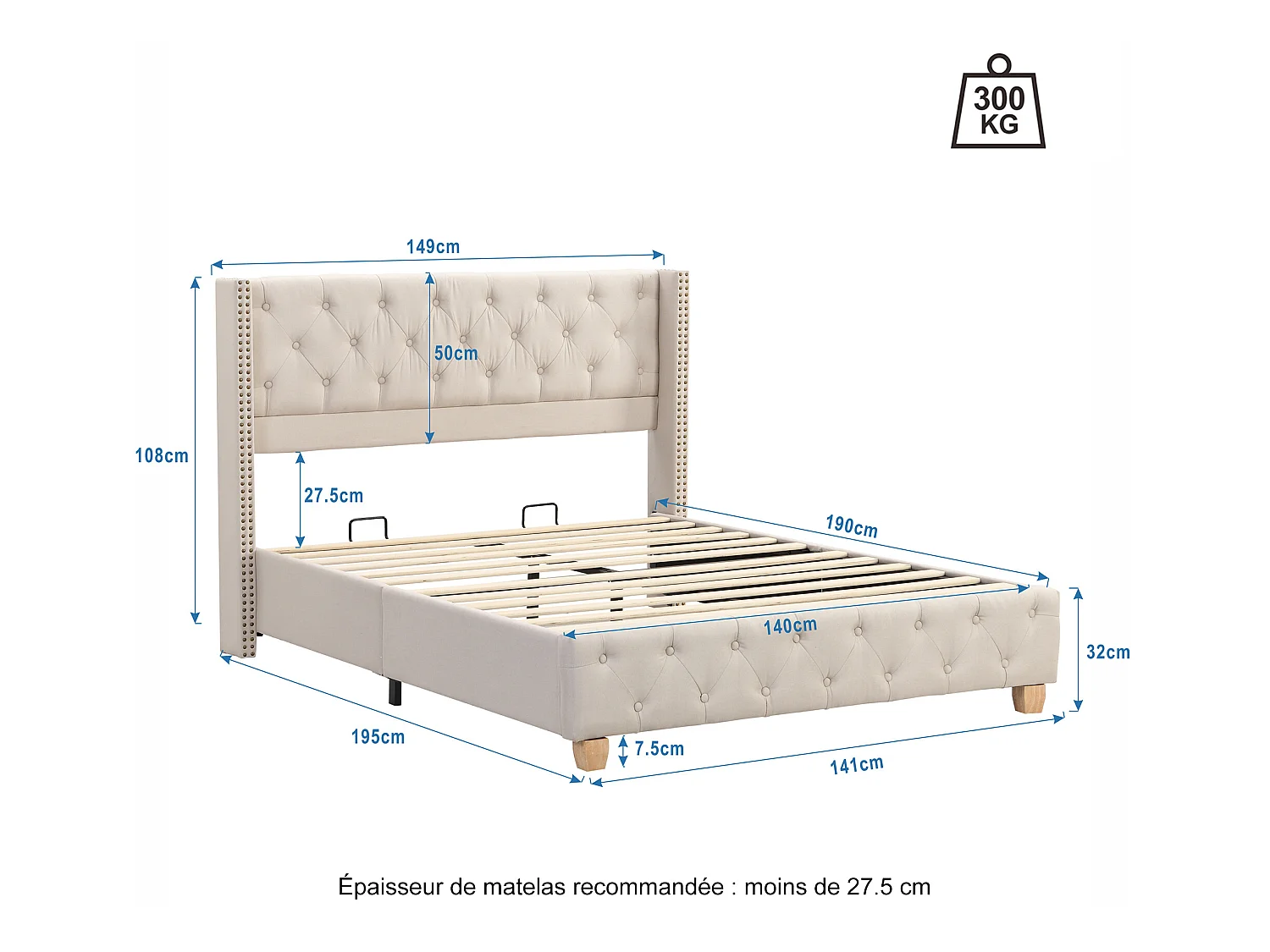 Lit capitonné 140*190cm avec sommier à lattes et tête de lit, revêtement boutons, revêtement rivets, pieds en bois, lin, beige