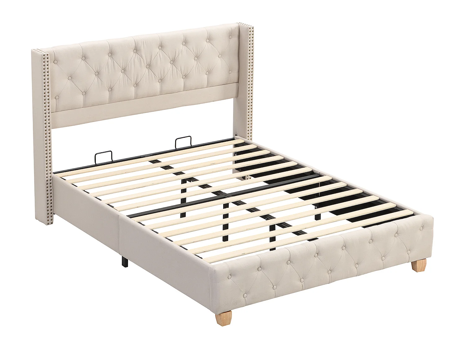 Lit capitonné 140*190cm avec sommier à lattes et tête de lit, revêtement boutons, revêtement rivets, pieds en bois, lin, beige