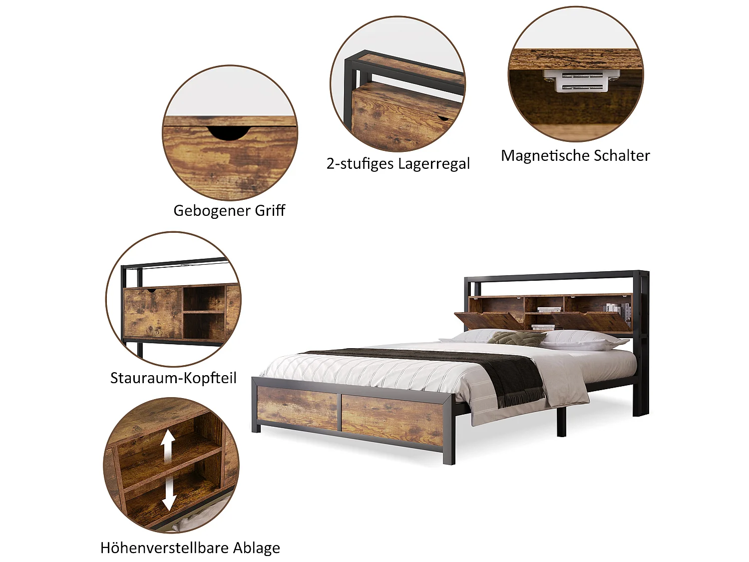 Tweepersoons metalen bed 140 x 200 cm met hoofdeinde en metalen lattenbodem