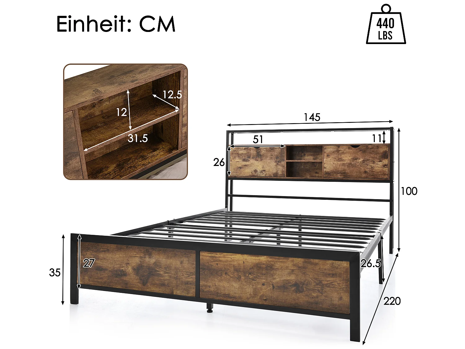 Tweepersoons metalen bed 140 x 200 cm met hoofdeinde en metalen lattenbodem