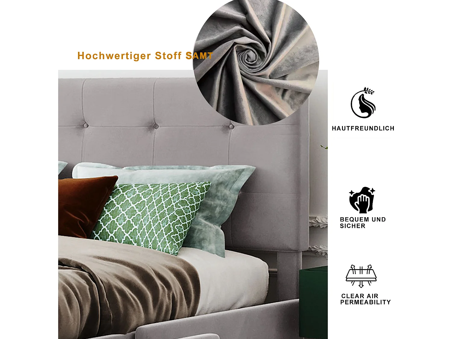 Letto matrimoniale con cassetti, rete a doghe e schienale, grigio 140 x 200 cm