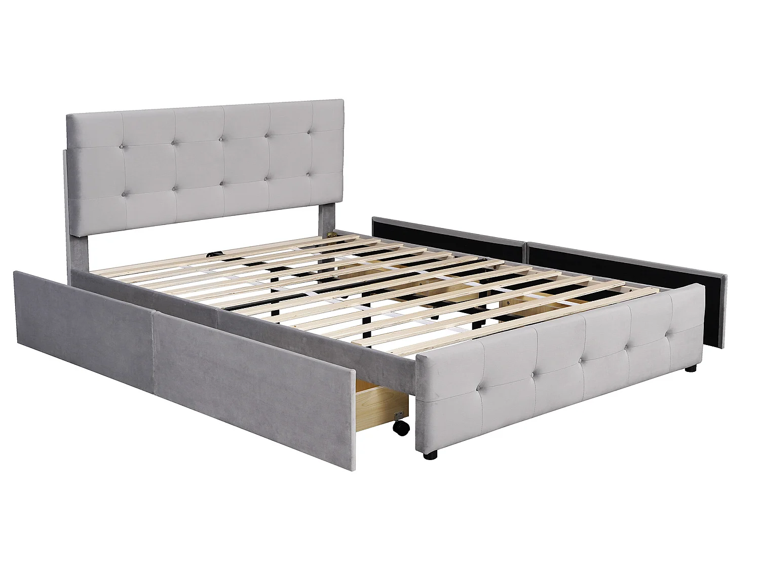 Letto matrimoniale con cassetti, rete a doghe e schienale, grigio 140 x 200 cm