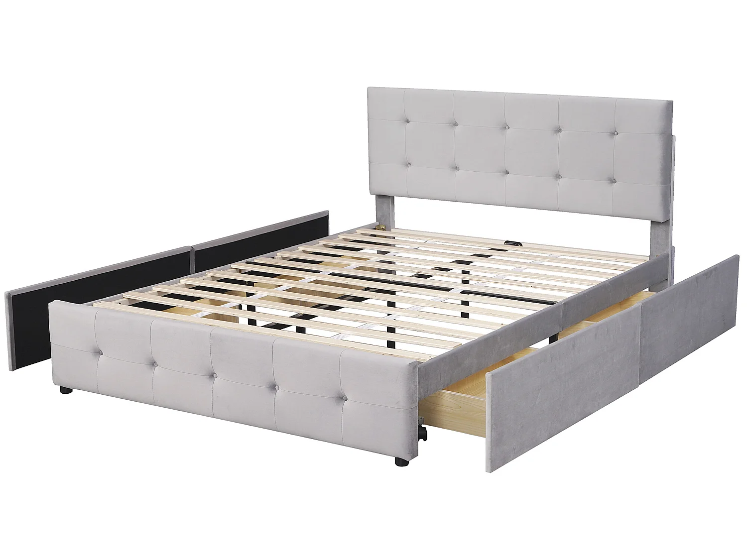 Letto matrimoniale con cassetti, rete a doghe e schienale, grigio 140 x 200 cm