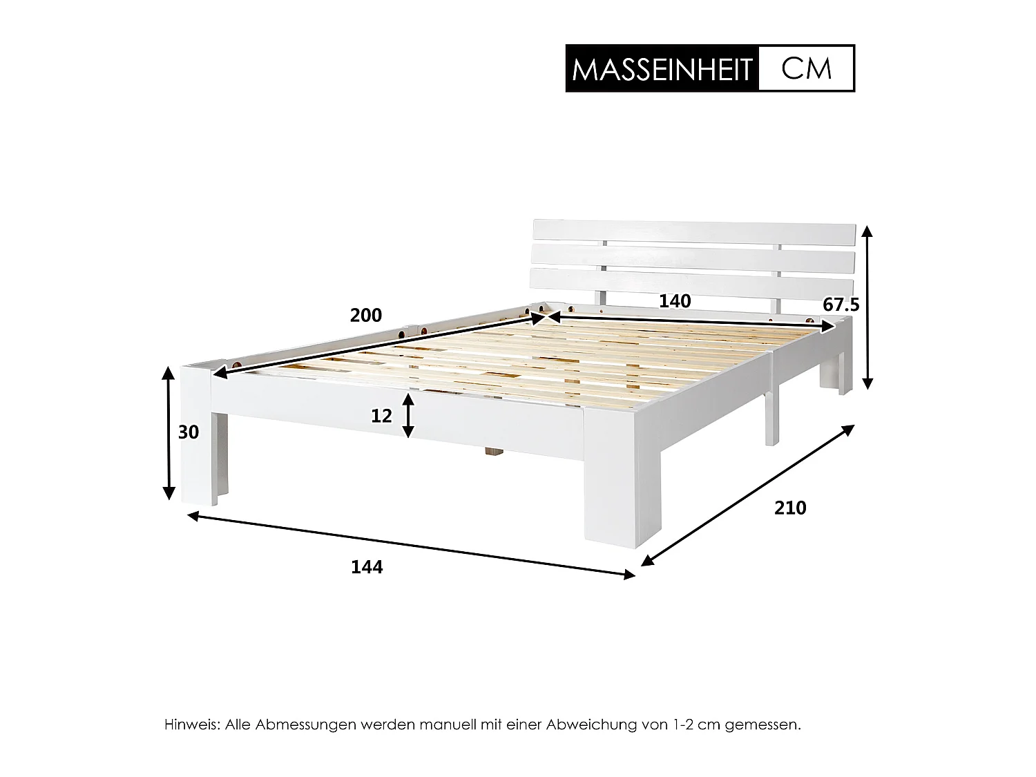 Massief houten tweepersoonsbed met bedframe, hoofdeinde en lattenbodem - 200 x 140 cm