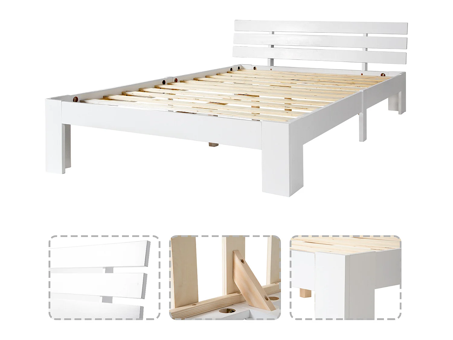Massief houten tweepersoonsbed met bedframe, hoofdeinde en lattenbodem - 200 x 140 cm