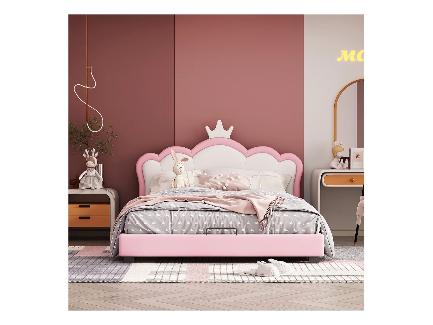 Gestoffeerd kinderbed 140*200 cm met lattenbodems en rugleuning, prinsessenbed met kroonmotief, roze (matras niet inbegrepen)