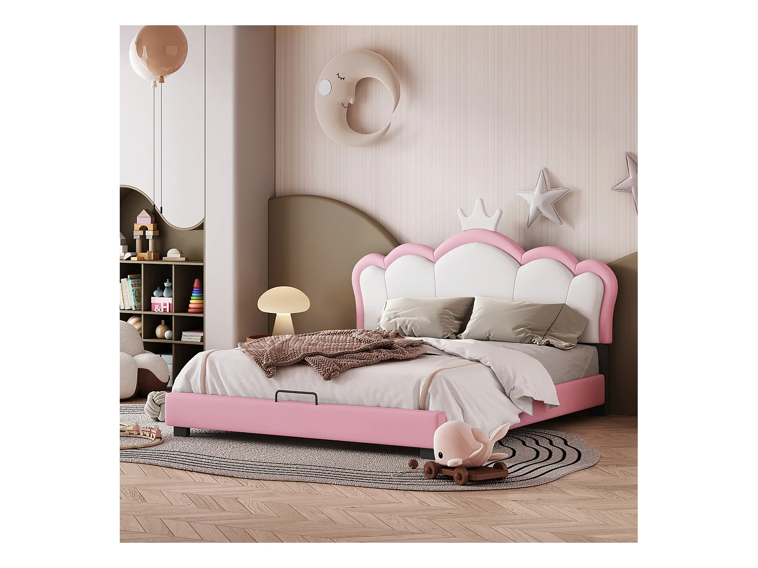 Gestoffeerd kinderbed 140*200 cm met lattenbodems en rugleuning, prinsessenbed met kroonmotief, roze (matras niet inbegrepen)