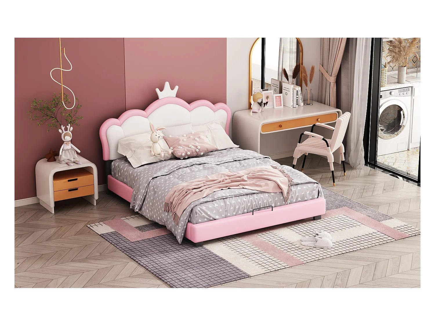 Gestoffeerd kinderbed 140*200 cm met lattenbodems en rugleuning, prinsessenbed met kroonmotief, roze (matras niet inbegrepen)