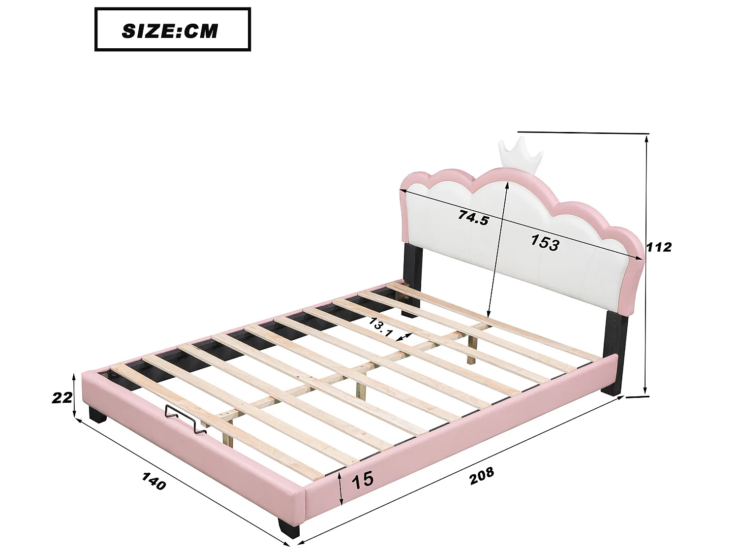 Gestoffeerd kinderbed 140*200 cm met lattenbodems en rugleuning, prinsessenbed met kroonmotief, roze (matras niet inbegrepen)