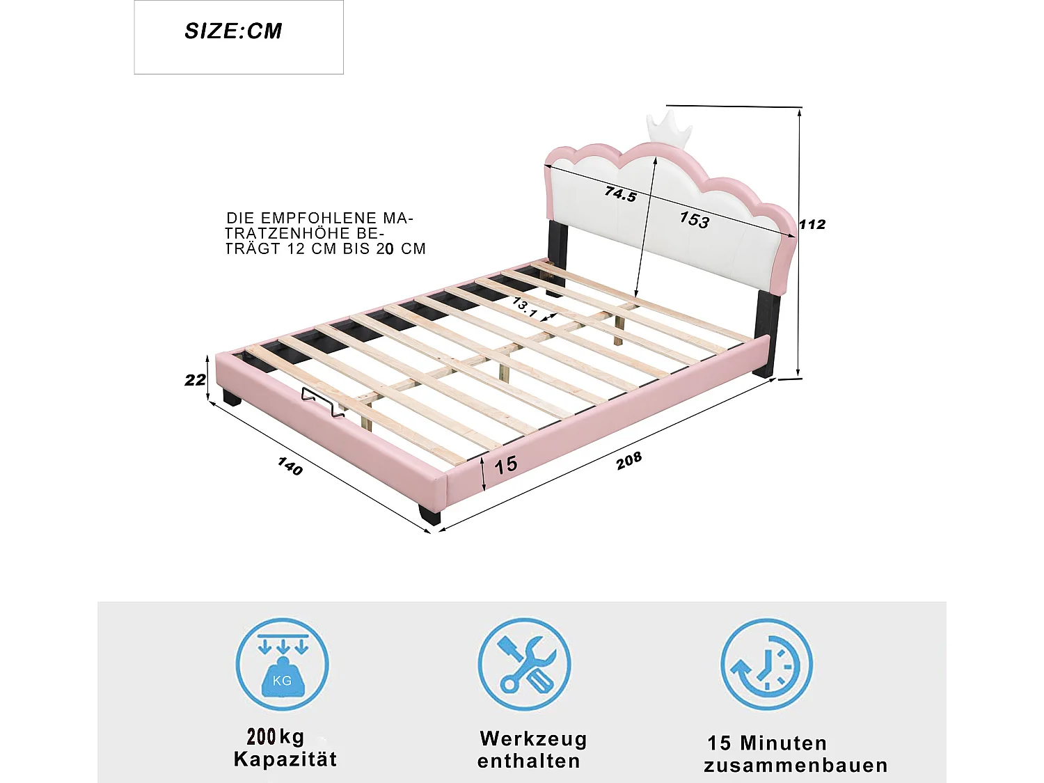 Gestoffeerd kinderbed 140*200 cm met lattenbodems en rugleuning, prinsessenbed met kroonmotief, roze (matras niet inbegrepen)