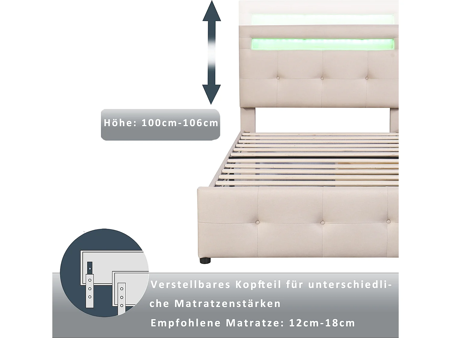 Cama individual para niños y adolescentes con iluminación LED, (beige) 90*200cm
