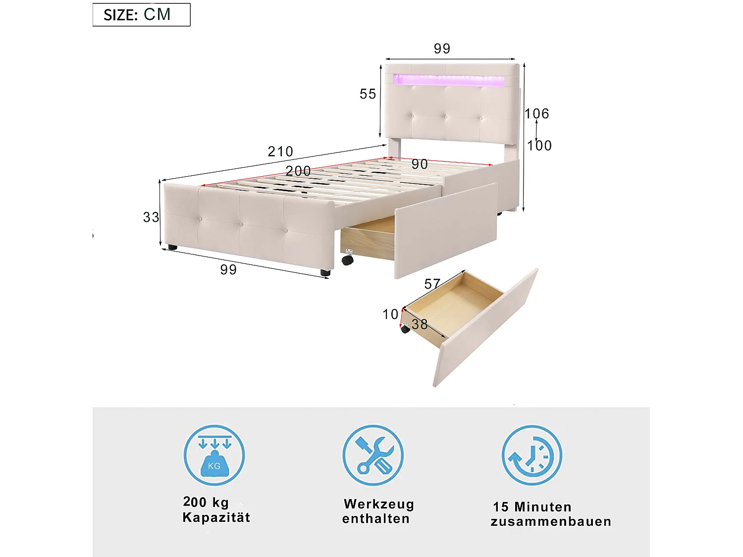 Cama individual para niños y adolescentes con iluminación LED, (beige) 90*200cm