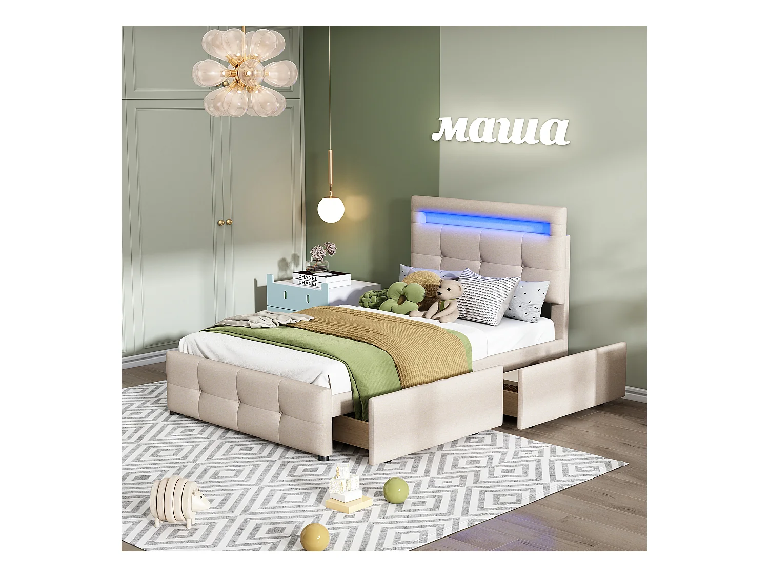 Lit simple pour enfants et adolescents avec éclairage led,(beige) 90*200cm