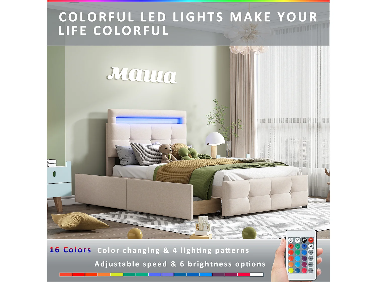 Letto singolo per bambini e adolescenti con illuminazione a LED, (beige) 90*200 cm