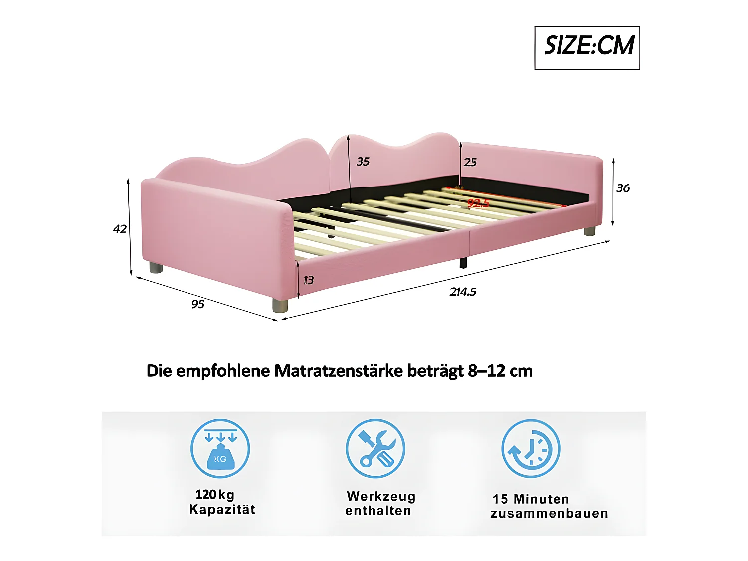 Multifunctioneel gestoffeerd bed 90*200cm, bedframe slaapbank van teddystof, zacht bed met rugleuning en armleuningen, roze