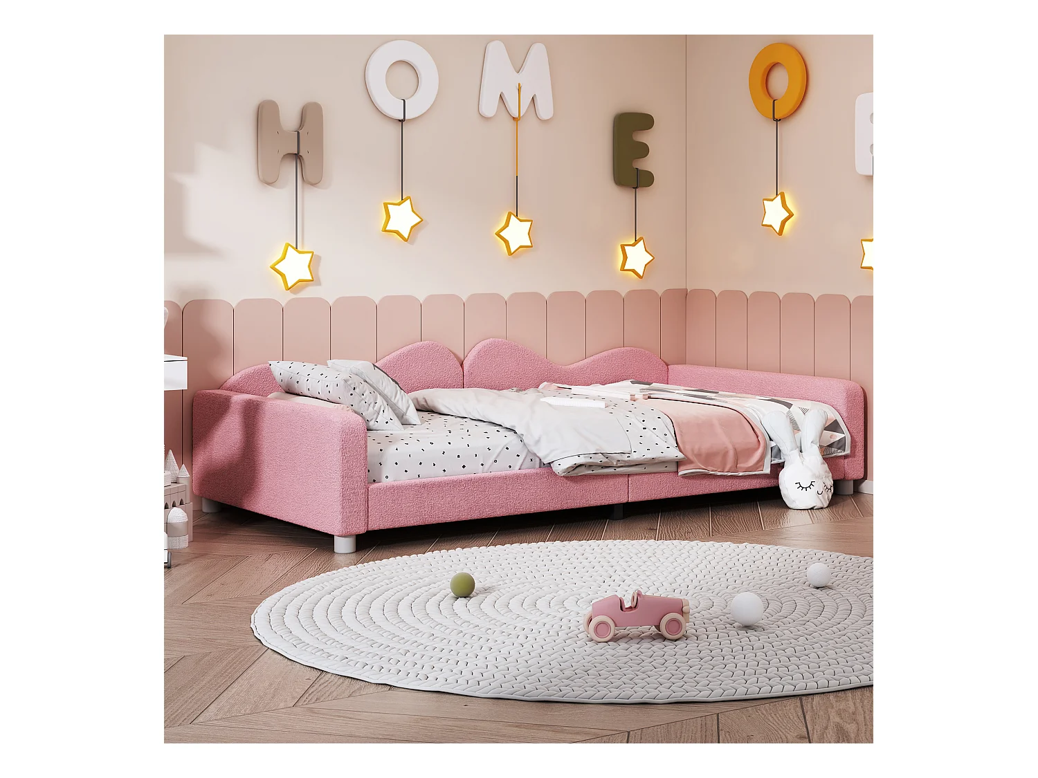 Multifunctioneel gestoffeerd bed 90*200cm, bedframe slaapbank van teddystof, zacht bed met rugleuning en armleuningen, roze