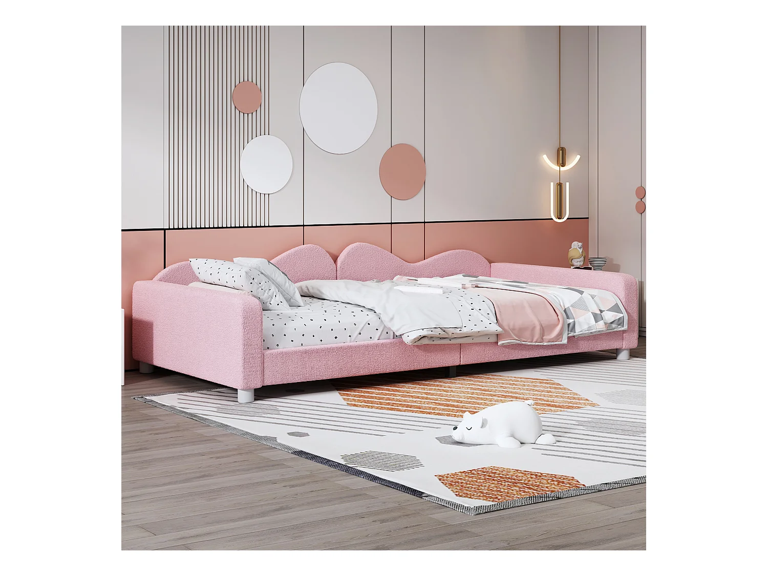 Multifunctioneel gestoffeerd bed 90*200cm, bedframe slaapbank van teddystof, zacht bed met rugleuning en armleuningen, roze
