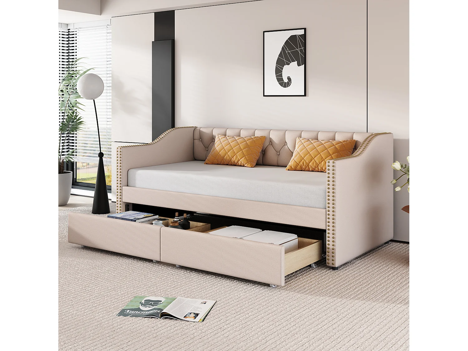 Kinderbed met uitneembare lades, slaapbank in duurzame linnenstof, beige