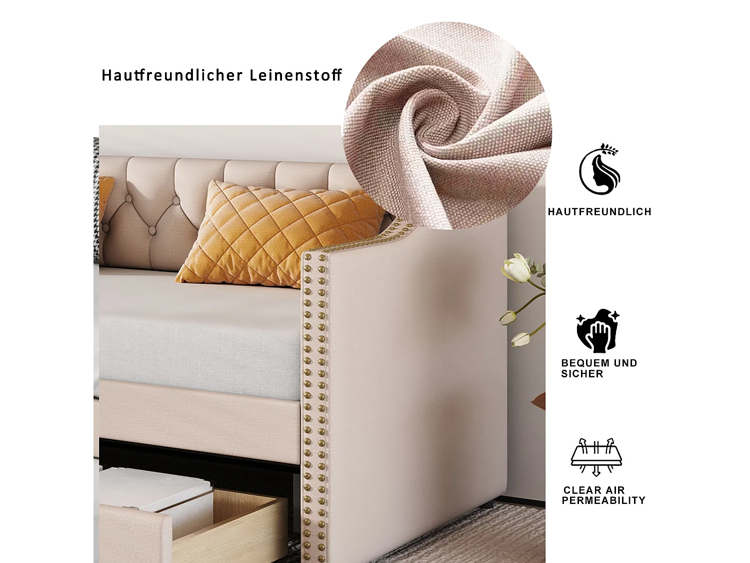 Kinderbed met uitneembare lades, slaapbank in duurzame linnenstof, beige