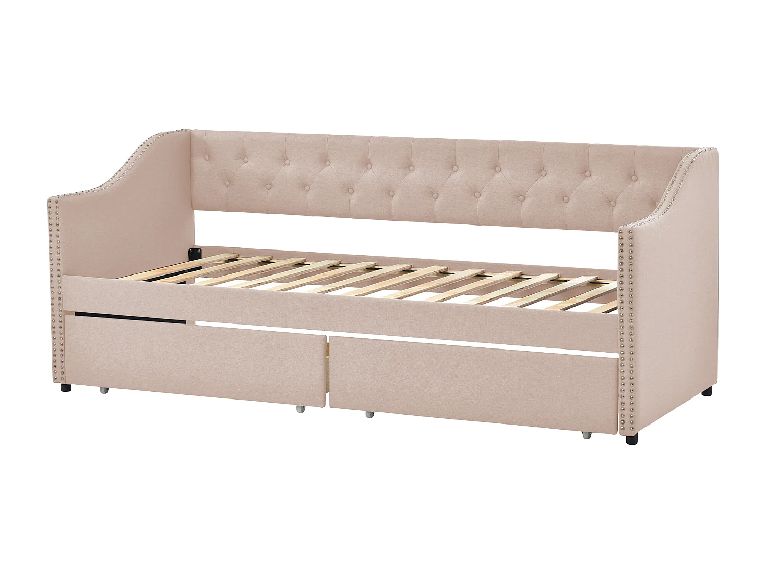 Kinderbed met uitneembare lades, slaapbank in duurzame linnenstof, beige