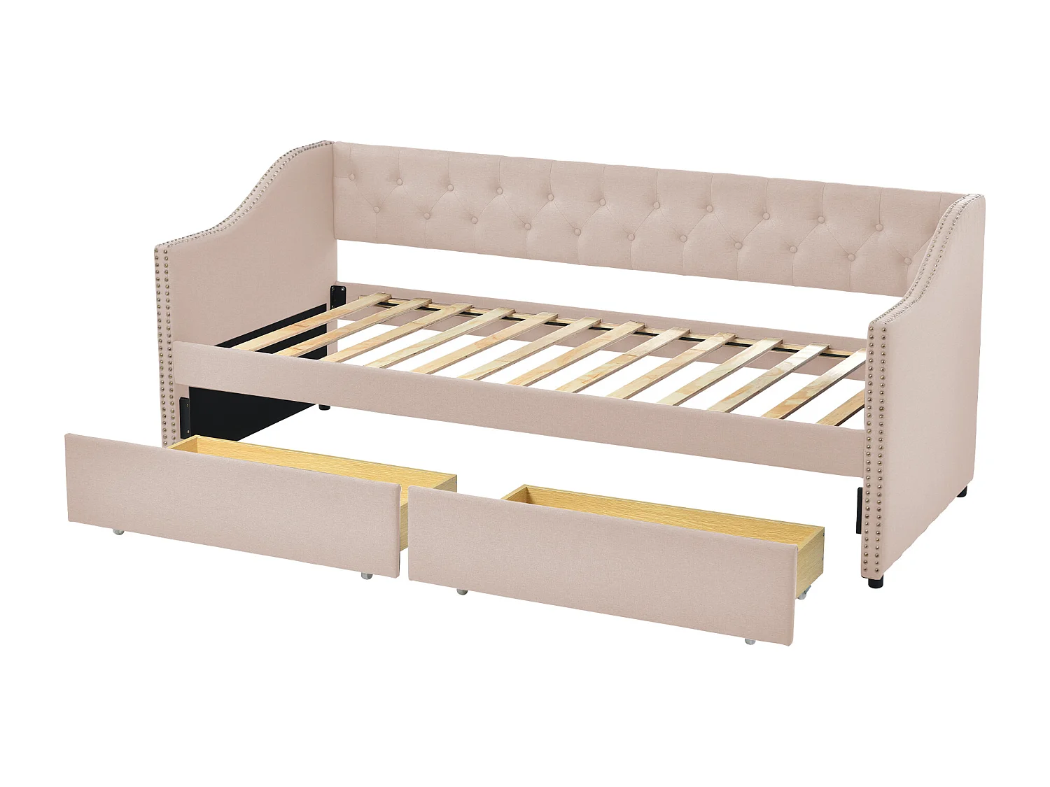 Kinderbed met uitneembare lades, slaapbank in duurzame linnenstof, beige
