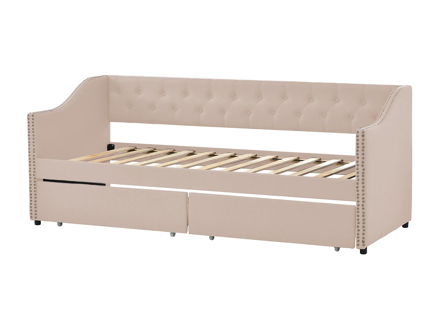 Kinderbed met uitneembare lades, slaapbank in duurzame linnenstof, beige