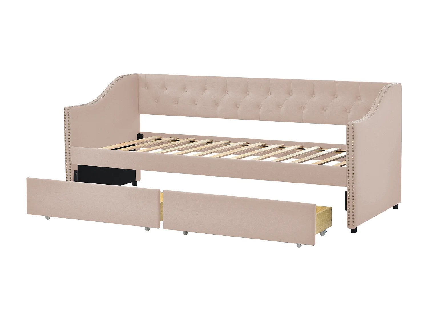 Kinderbed met uitneembare lades, slaapbank in duurzame linnenstof, beige