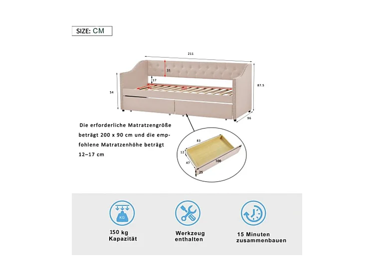 Kinderbed met uitneembare lades, slaapbank in duurzame linnenstof, beige