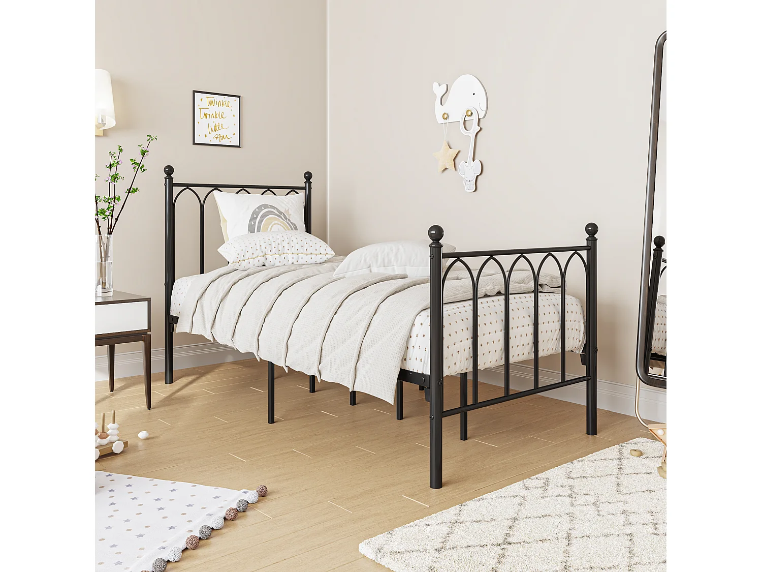 Lit en métal avec sommier à lattes -  noir 90x190cm