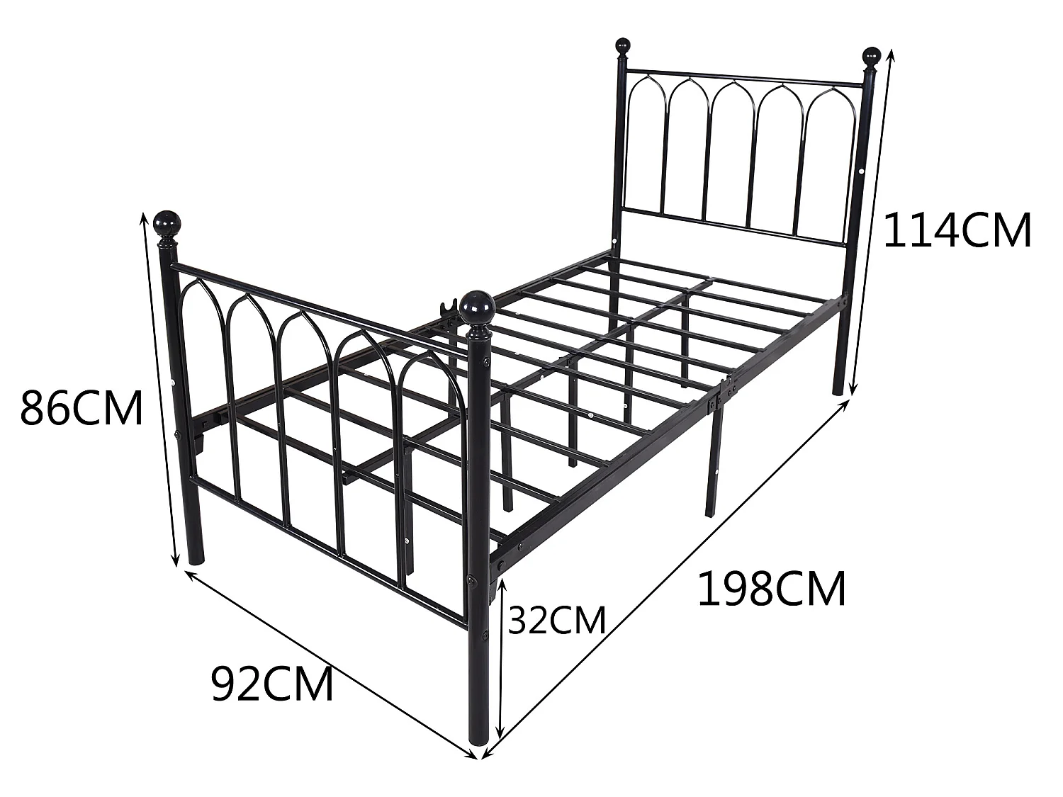Lit en métal avec sommier à lattes -  noir 90x190cm