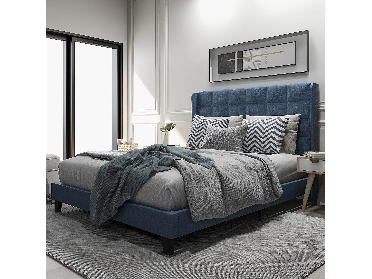 Letto matrimoniale con rete a doghe imbottita 140x200cm, in lino blu