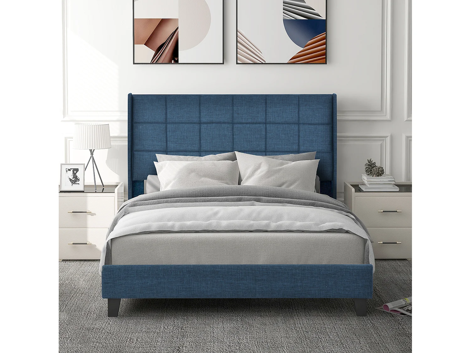 Lit double avec cadre à lattes rembourré 140x200cm, en lin bleu