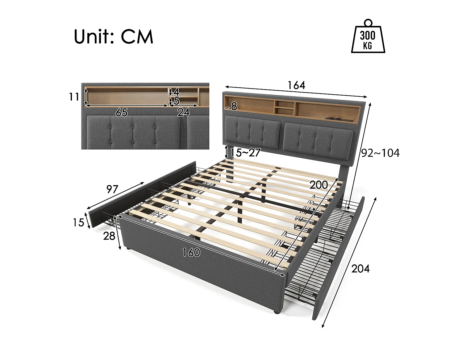 Lit double avec 4 tiroirs et prise usb-c, lit rembourré 160x200cm