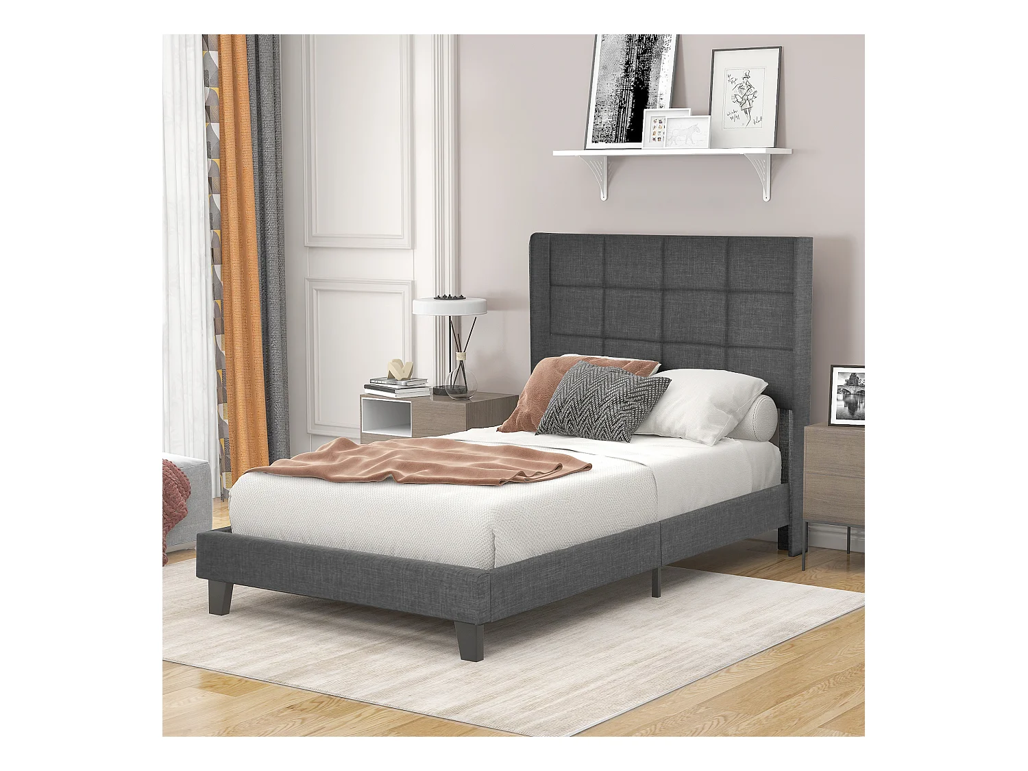 Lit moderne avec tête de lit rembourrée, 90x200cm, en lin gris