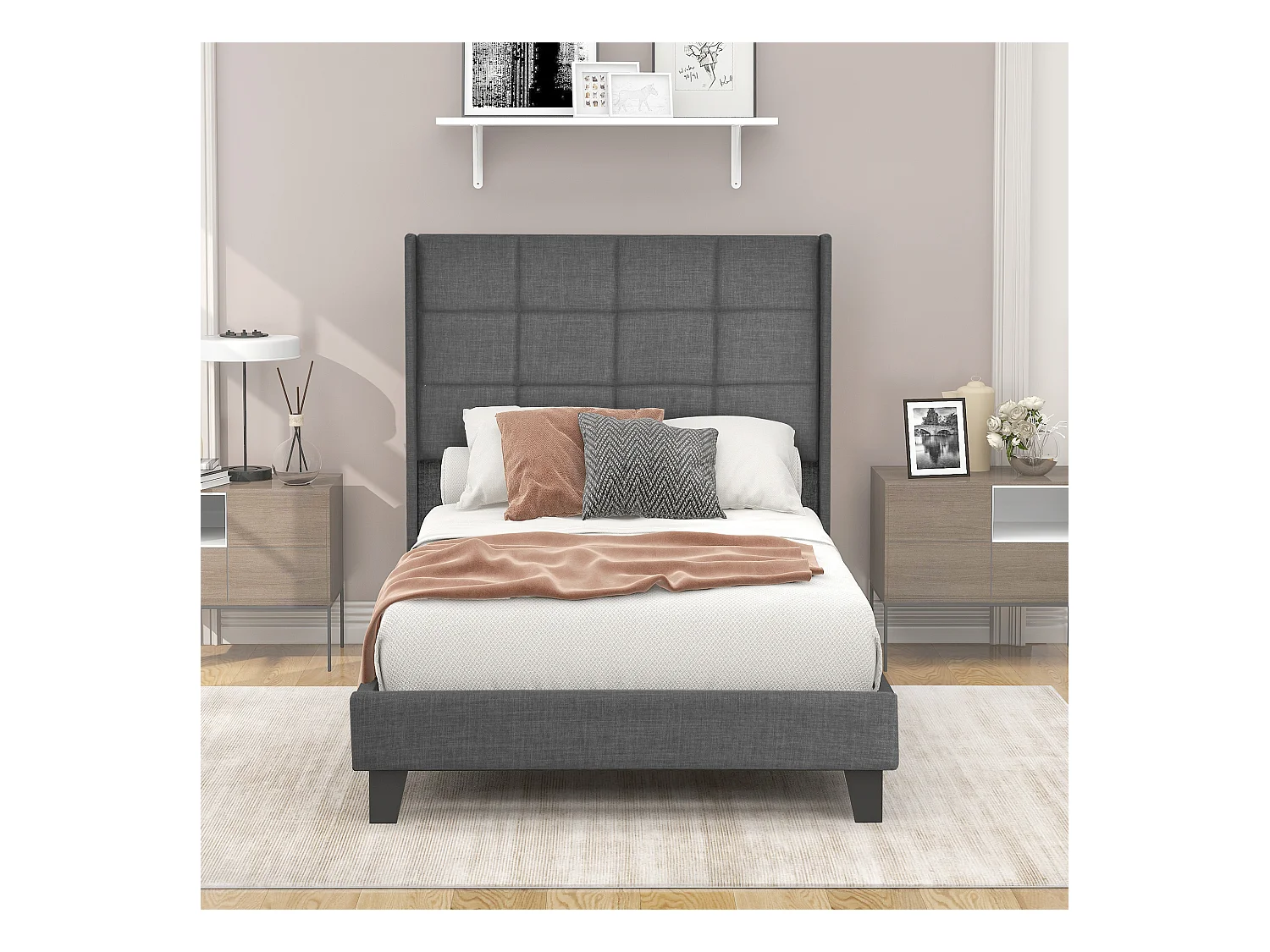 Lit moderne avec tête de lit rembourrée, 90x200cm, en lin gris