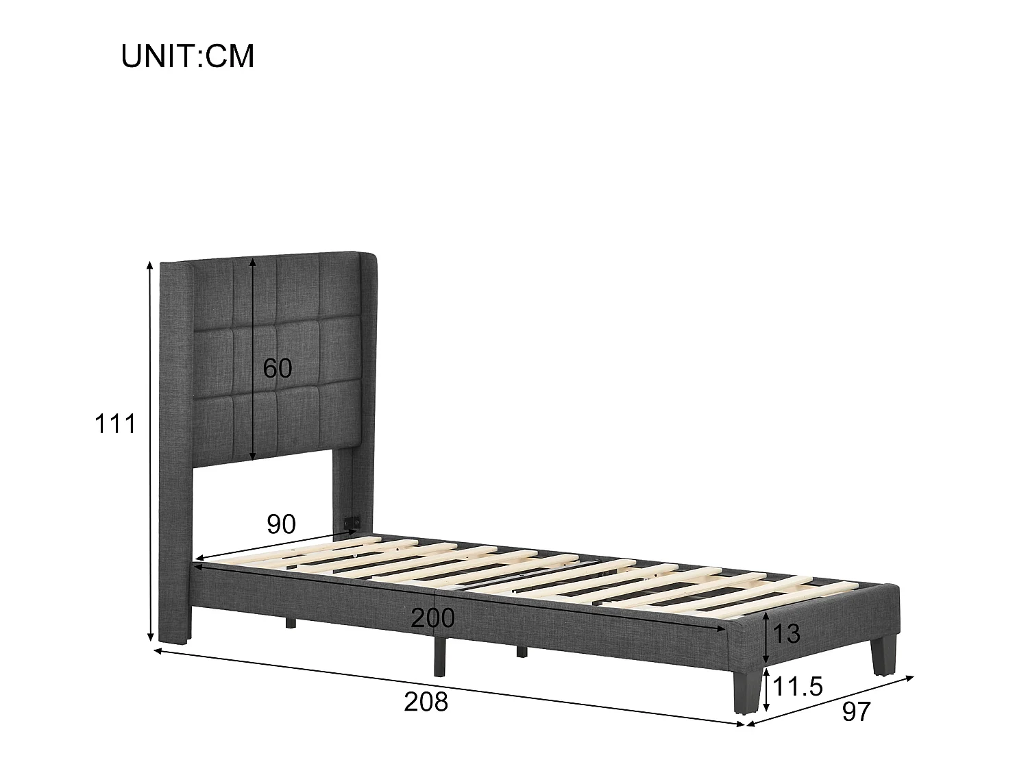 Lit moderne avec tête de lit rembourrée, 90x200cm, en lin gris
