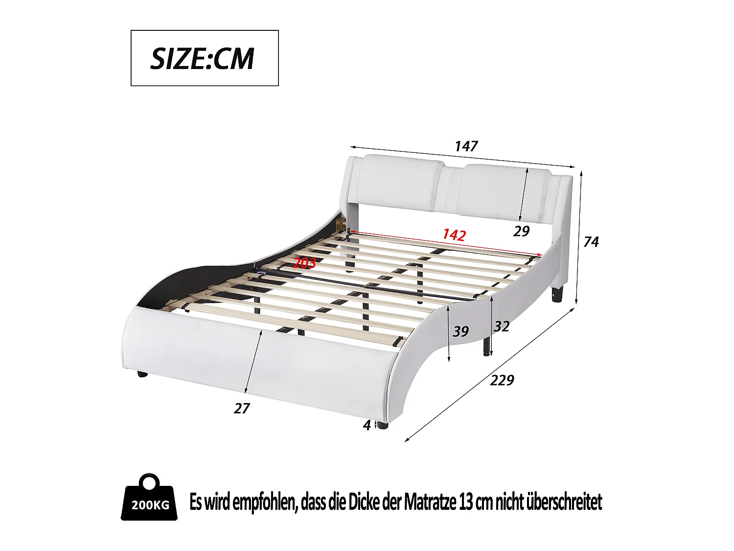 Gestoffeerd bed 140*200cm in kunstleer met LED-lichtframe en lattenbodems, wit